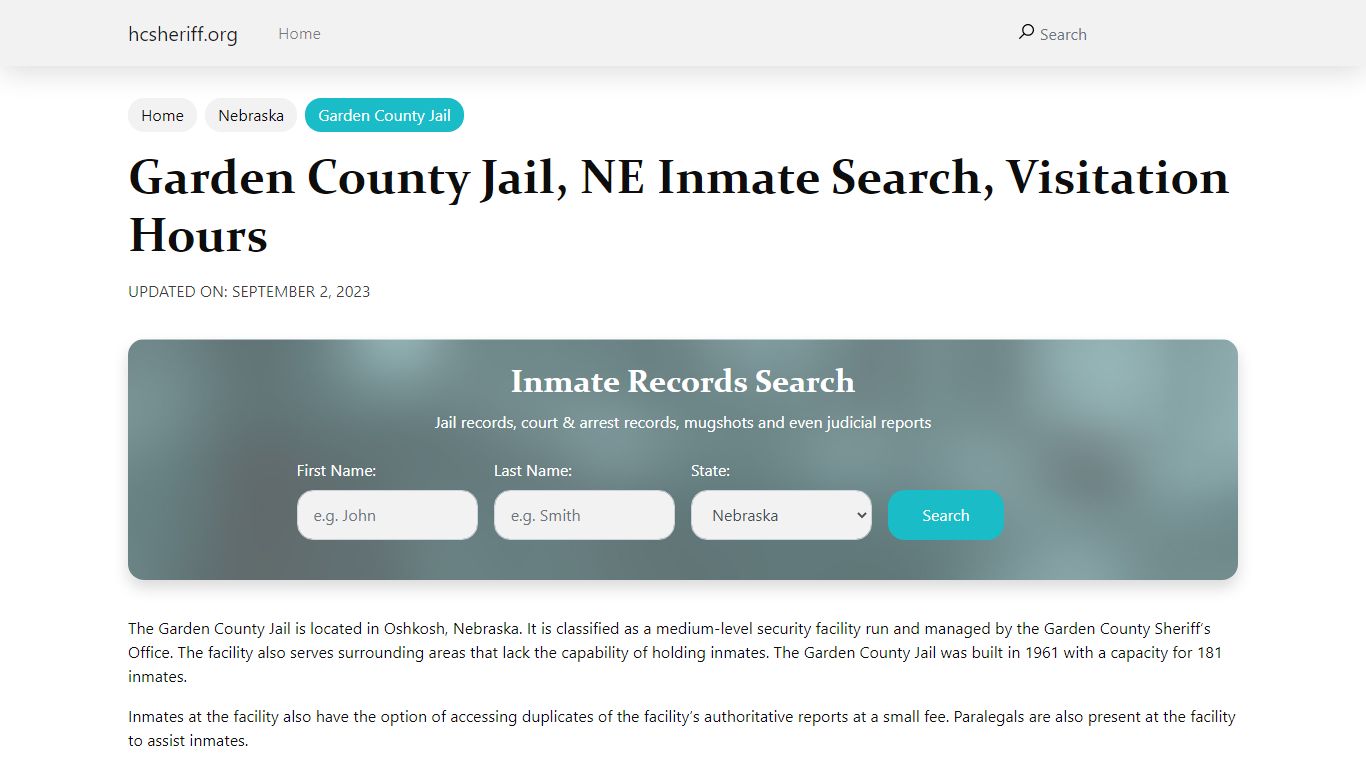 Garden County Jail, NE Inmate Search, Visitation Hours